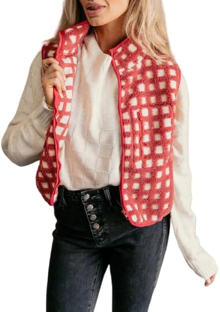 Women's Checkered Polar Fleece Vest, Sleeveless Zip Up Fleece Top Crochet Plaid Sherpa Collared Vest Size L