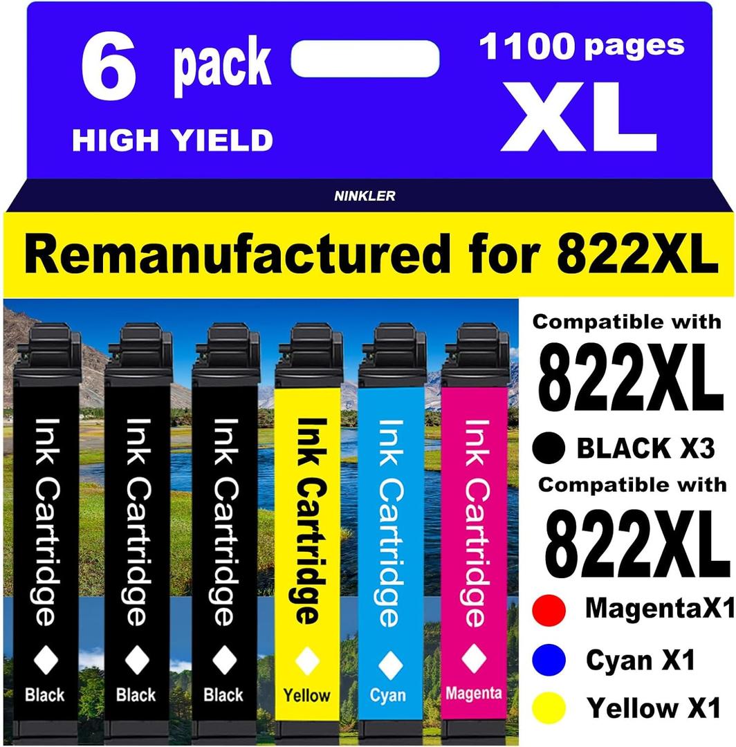 for 822XL Remanufactured for Epson 822XL Ink Cartridges for 822 XL T822 Workforce Pro WF-3820 WF-3823 WF-4820 WF-4830 WF-4833 WF-4834 Printer 6 Pack 3 Black 1 Cyan 1 Magenta 1 Yellow