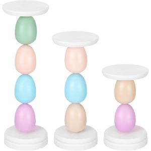 3 Pack Colorful Easter Egg Candle Holders for Pillar Candles 6" 8" 10" Wood Pillar Candle Holder Centerpiece Pastel Eggs Candlestick Holder for Fireplace Home Easter Spring Table Decoration