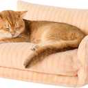 Hollypet Cat Bed Fluffy Plush Mutifuctional Double-Layer Soft Pet Couch Orthopedic Sofa Nest Beds for Small Cats and Dogs, Pink Stripes (21x15x8 inch)