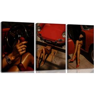 3Pcs Red Trendy Black Woman Canvas Wall Art Sexy African American Woman Painting Wall Decor Red Vintage Car Picture Print Artwork For bedroom living room and garage decoration 12x16in Framed (16L"x12W")