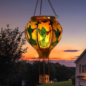 Hot Air Balloon Solar Lantern with Flickering Flame Light Outdoor Solar Hanging Lights Waterproof for Garden Yard Farmhouse Patio Pathway Outside Decoration,Glass(Hummingbird)