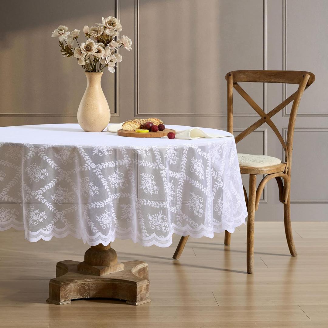 HLC.ME Isabella Floral Lace Tablecloth Round, Lace Fabric Table Cloth for Round Tables, Wrinkle Resistant Tablecloth, Patterned Scalloped Tablecloth (90 Round, White)