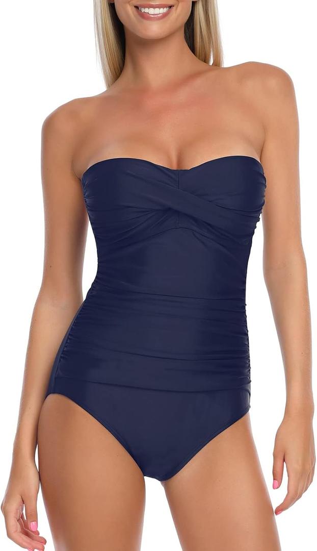 RELLECIGA Women's Tummy Control One Piece Swimsuit Bandeau Strapless Bathing Suits (Blue, XL)