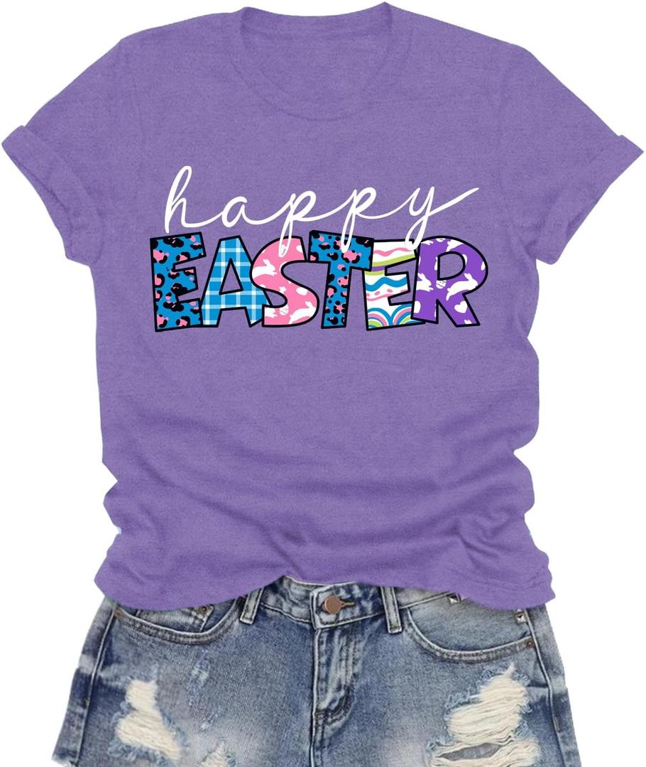 Easter Shirts for Women Happy Easter Day T-Shirt Leopard Plaid Letter Print Tee Tops (Purple, L)