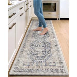 DEXI Kitchen Floor Mats Anti Fatigue, 23x86 Large Long Cushioned Vintage Runner Rug Waterproof, Standing Comfort Memory Foam Padded for Front Sink Laundry Office, White