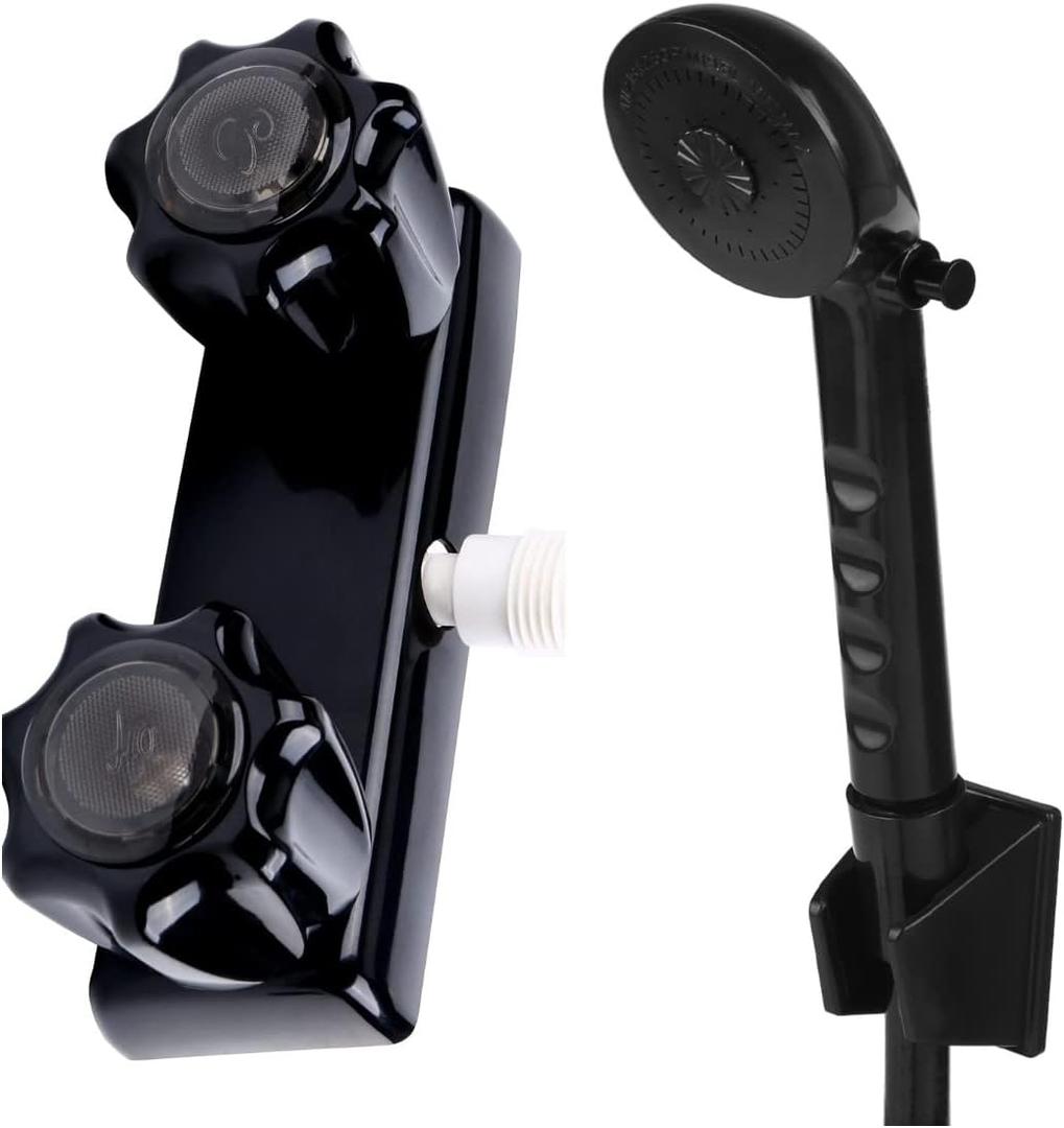 RV Shower Faucet w/Showerhead and Hose - Outdoor Non-Metallic Shower Parts On-Off Handheld Shower Head Valve Diverter Replacements for RVs, Fifth Wheels, Motorhomes,Travel Trailers,Campers,Black