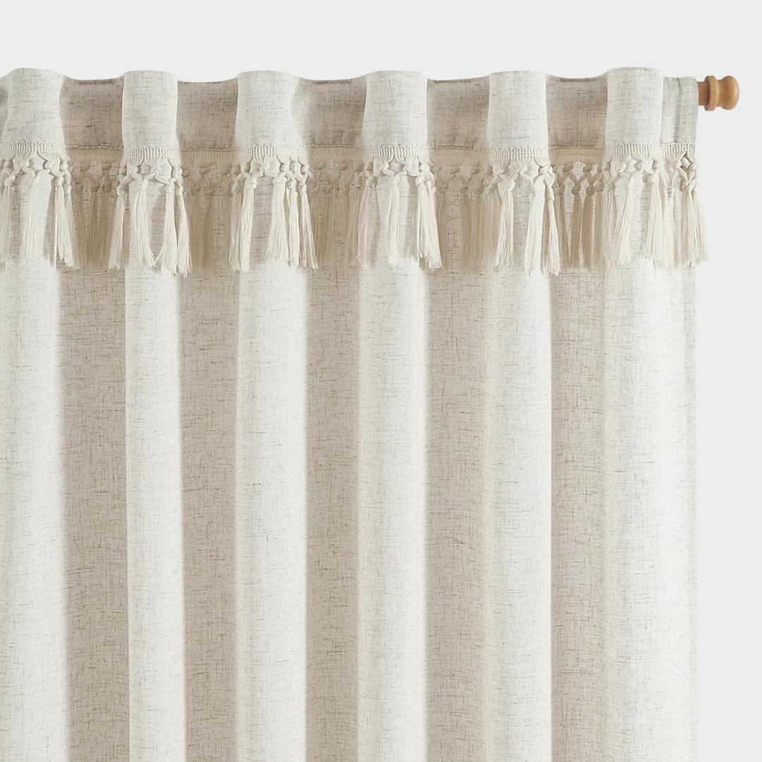 jinchan Linen Blend Curtains with Tassels, Curtains for Living Room 96 Inches Long, Boho Curtains, Rod Pocket Back Tab Flax Farmhouse Curtains for Bedroom Light Filtering Window Curtain Set 2 Panels (50"W x 96"L (Pack of 2), Tassel Ecru)