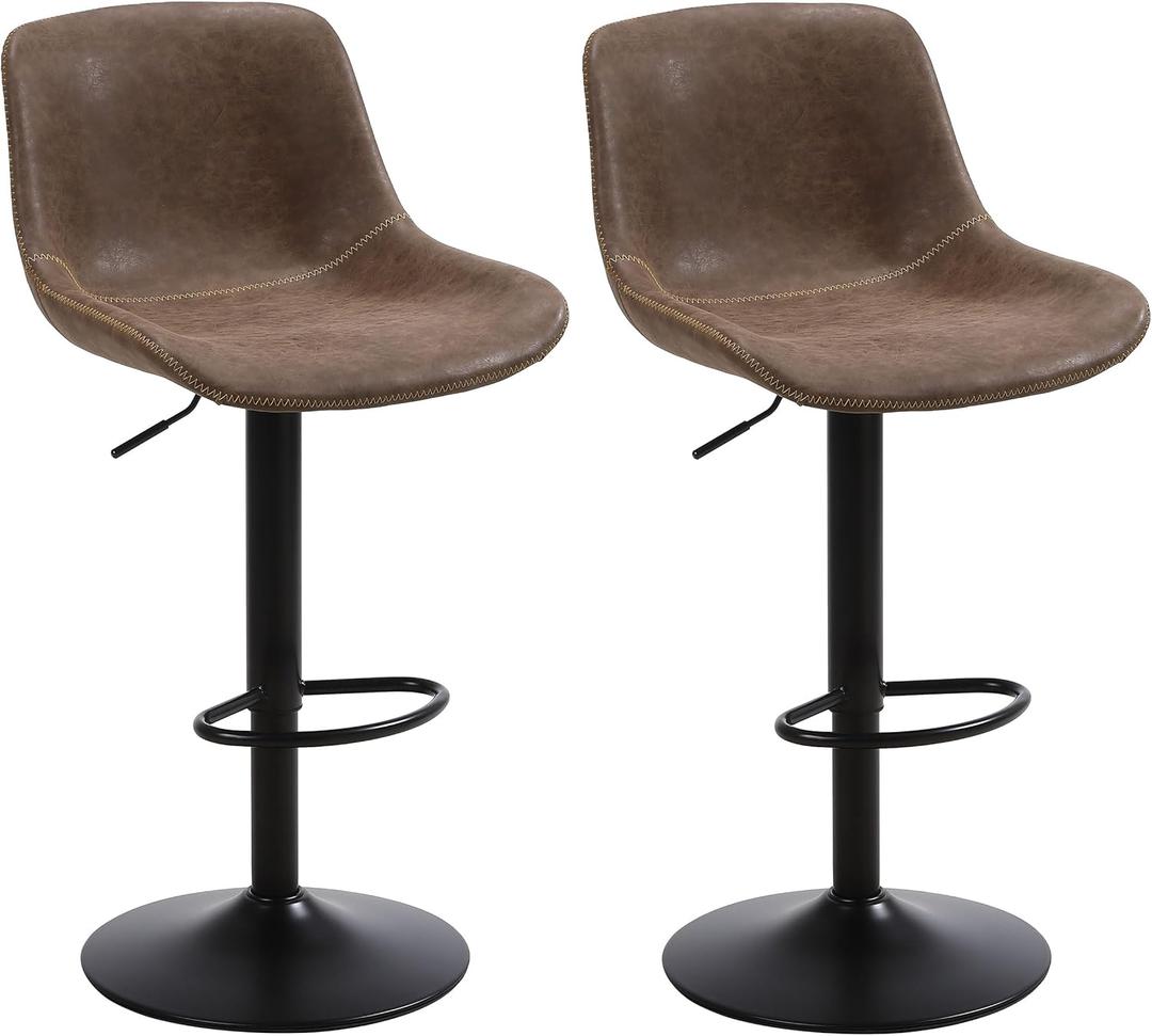 Bar Stools Set of 2, Swivel Counter Height Barstools with Back, Adjustable Modern Bar Chairs, Tall Armless PU Leather Kitchen Island Stool, Brown
