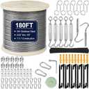 1/8" Wire Rope Kit 180FT Stainless Steel Aircraft Cable with M5 Turnbuckles, 7x7 Strand Core Vinyl Coated Guy Wire Tensioner Kit for Garden String Light, Pictuer, Clothes, Curtain Hanging