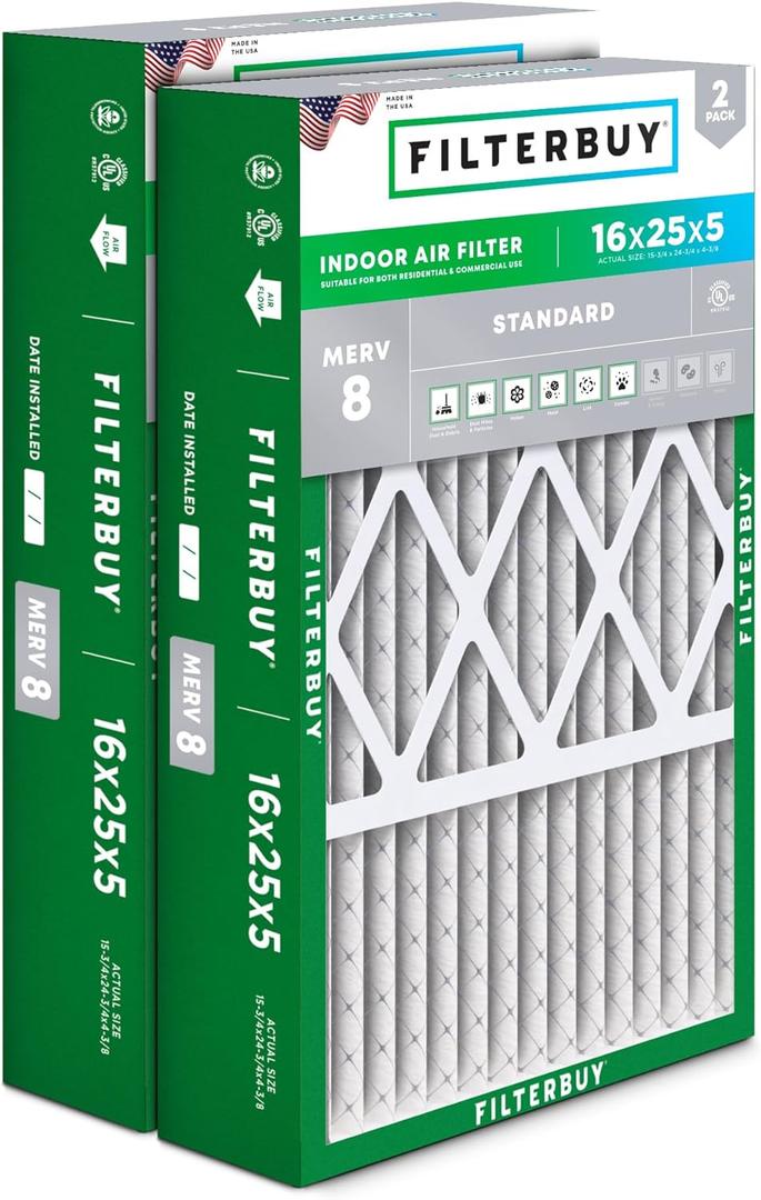 Filterbuy 16x25x5 Air Filter MERV 8 Essential Dust & Allergy Defense (2-Pack), Pleated HVAC AC Furnace Filters for Honeywell FC100A1029, Lennox X6670, and More (Actual Size: 15.75 x 24.75 x 4.38)