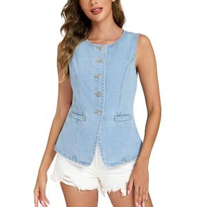 Ladyful Womens Denim Vest Top Button Down Jean Vest Tank Tops Sleeveless Crewneck Jean Waistcoat with Pockets, Light Blue-1, Large