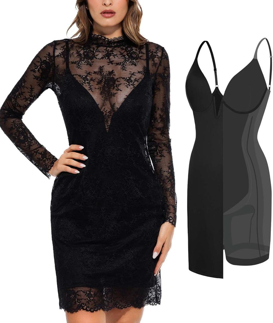 Popilush Lace Long Sleeve Dress - Shapewear Formal Mother of Bride Dresses Sheer Mesh Wedding Guest Mini Dress for Women (Medium, Black)