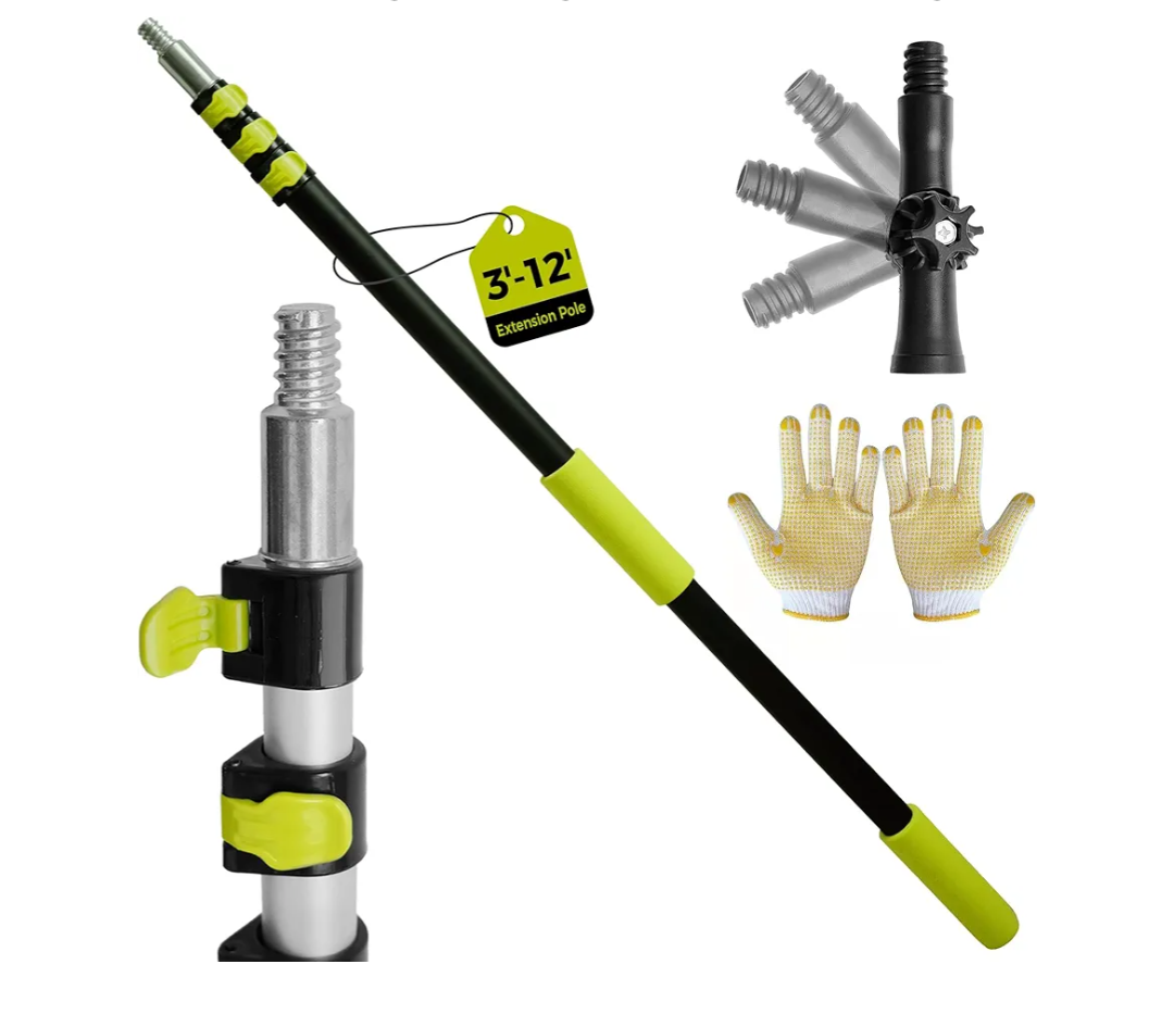 3-12ft Telescopic Extension Pole,Multi-Purpose Extension Pole with 180° Universal Thread Head, Black Oxide Aluminum Extendable Pole with Flip-Lock, for Painting,Dusting,Window Cleaning