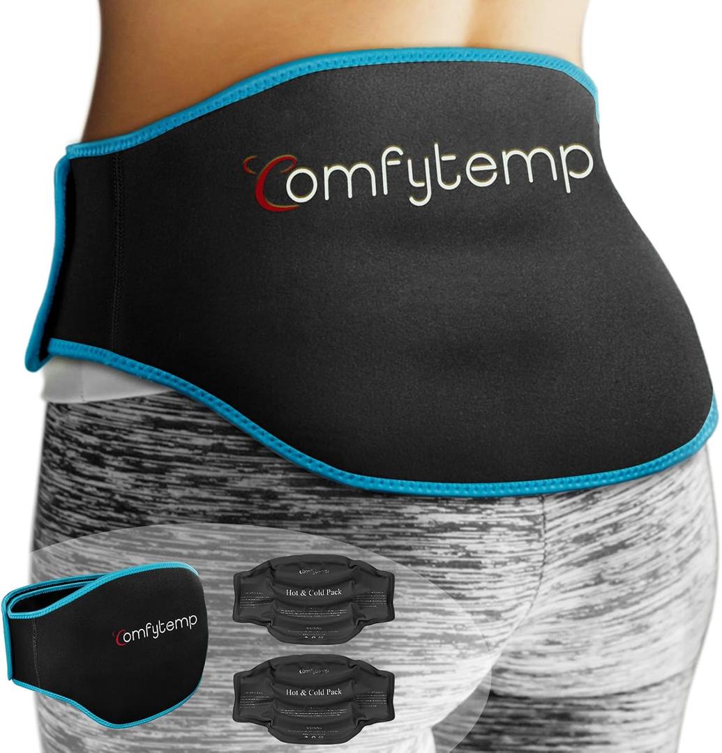 Comfytemp Ice Pack for Back Pain Relief, 2 Pcs, Sciatica Ease Brace, Reusable Gel Lower Back Ice Wrap for Injuries, Hot Cold Compress for Lower Lumbar, Waist, Men Women After Surgery (Black) (Standard)