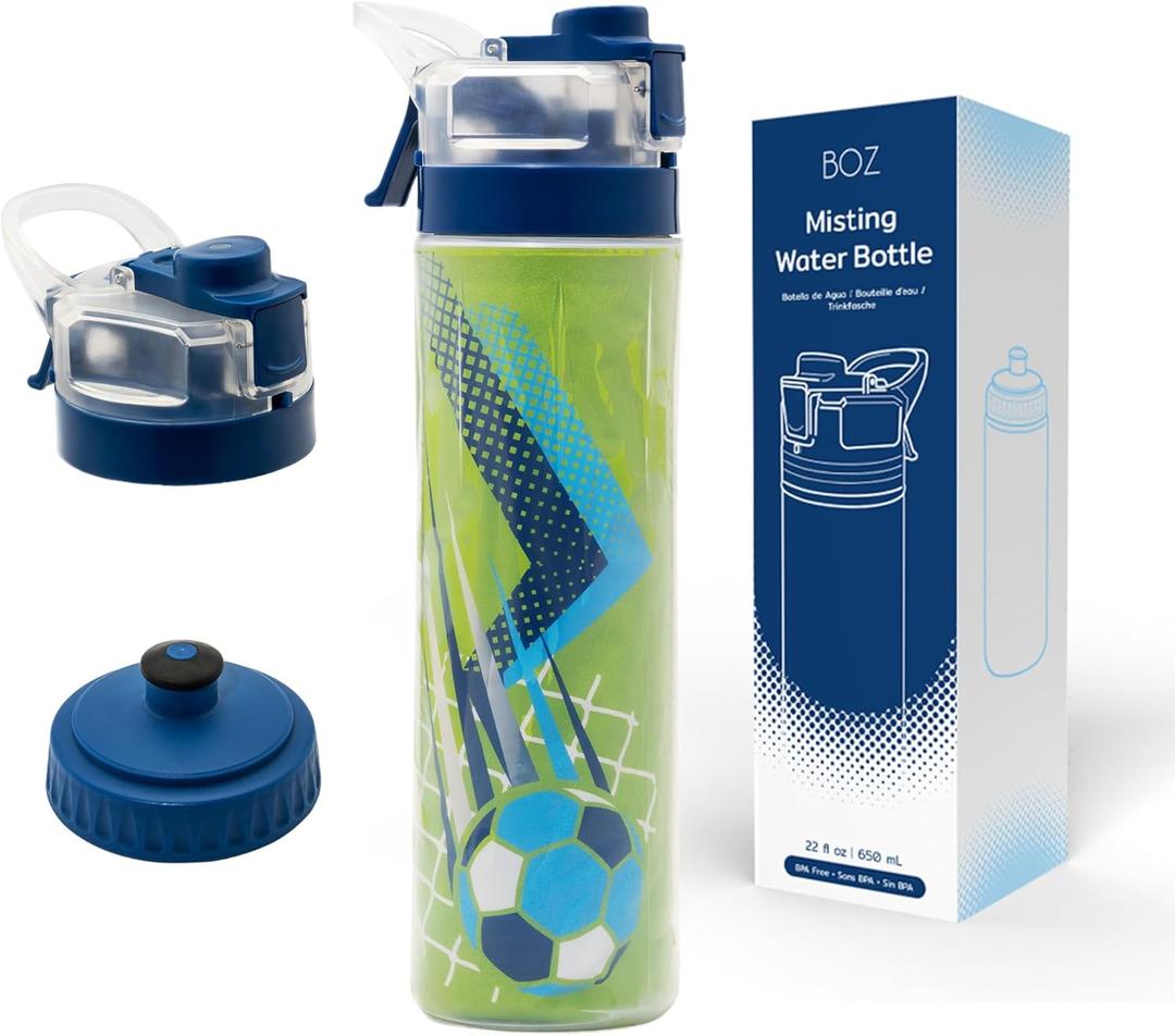 BOZ Champion 22 oz (650ml) Soccer-Themed Squeeze Water Bottle | Refreshing Mist Spray, Sturdy Insulated Design, Leak-Proof, Easy to Clean Sports Hydration Solution for Active Kids and Teens