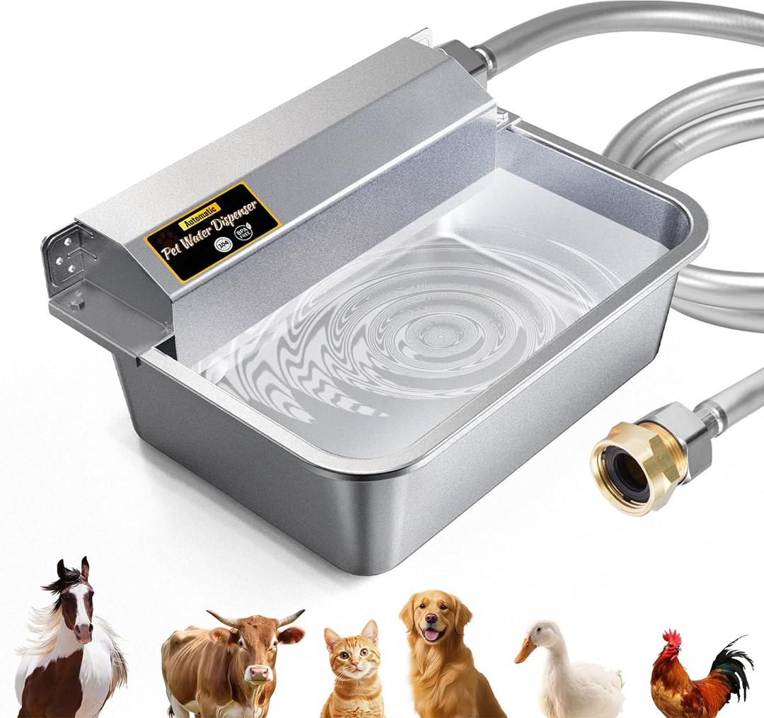 Automatic Water Dispenser for Dogs 2 Gallons, 304 Stainless Steel Dog Water Bowl Dispenser for Farm Chicken Pets Indoor & Outdoor Dog Waterer Feeder Fit 3/4'' GHT Faucet Auto Filling Wide Drinking Area