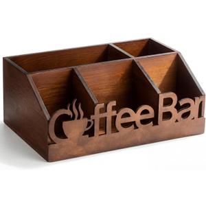 Coffee Station Organizer for Counter Wood Countertop Accessories Organizer Coffee Pods Holder Storage Basket for Pods Condiment Syrup Tea Cups Stirrers for Rustic Bar Decoration(Brown)