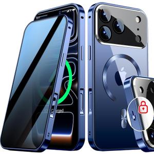 [Full Camera Protection& Mechanical Lock]Magnetic Privacy Case for iPhone 17 Pro Max[Compatible with MagSafe] [CD Metal Ring]Full Body Shockproof Metal Bumper, 9H Anti Peeping Glass Cover-Blue