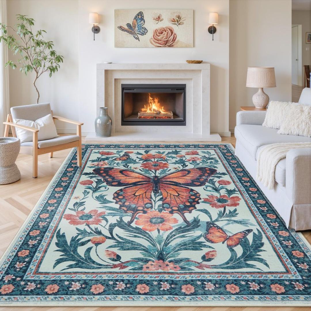 Uphome Area Rugs 8x10 Clearance Green Rug, Butterfly Floral Living Room Rugs, Boho Soft Washable Bedroom Rugs, Modern Non-Slip Stain Resistant Accent Rug for Dining Room Kids Playroom Home Office
