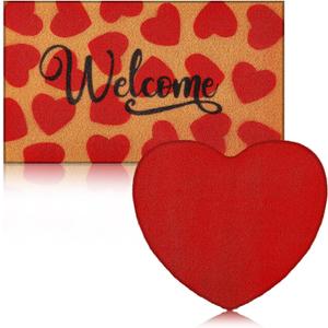 2 Pcs Coir Doormat Red Heart Pattern Welcome Heart Shaped Mat Non-Slip Doormat Front Porch Rugs for Indoor Outdoor Home Bathroom Decor, 16 x 28 Inches