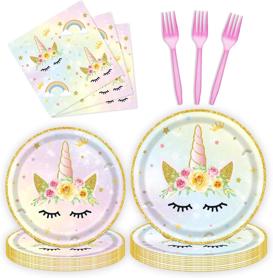 96 Pcs Birthday Plates and Napkins Party Supplies, Gold Horned Horse Disposable Forks Paper Dessert Tableware Decorations Table Dinnerware Favors Set, Serves 24