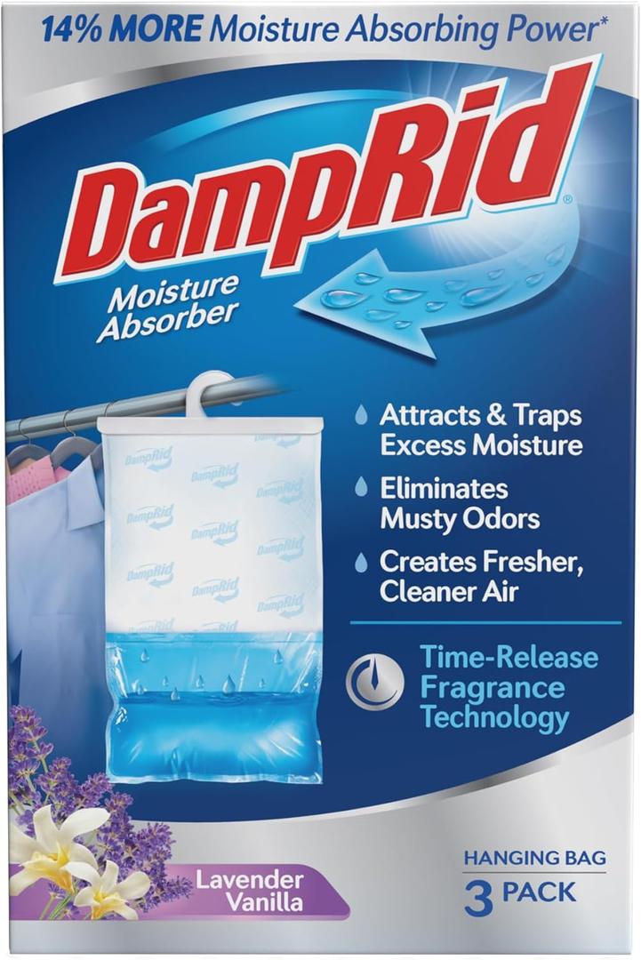 DampRid Lavender Vanilla Hanging Moisture Absorber, 16 oz., 3 Pack - Eliminates Musty Odors for Fresher, Cleaner Air, Ideal for Closet, 14% More Moisture Absorbing Power*