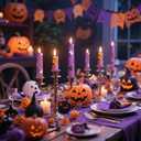 4-Pack Purple Printed Taper Candles Unscented - Dripless & Smokeless 7-Hour Burn - 10" Hand-Poured Candles with Pumkin Skull Ghost Design for Halloween Decoration