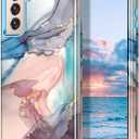 Btscase for Samsung S21 FE 5G 2022 Case, Marble Pattern 3 in 1 Heavy Duty Shockproof Full Body Rugged Hard PC+Soft Silicone Drop Protective Women Girl Cover for Samsung Galaxy S21 FE 5G, Blue Gray
