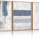 HLNIUC Navy Blue Abstract Framed Wall Art Set, Neutral Minimalist Canvas Wall Decor, Mid Century Modern Wall Painting, Grey Geometric Art Print for Living Room, Bedroom, Office - 24"x36"x3