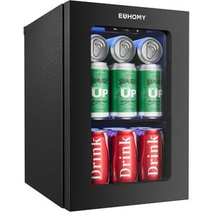 EUHOMY 18L Beverage Refrigerator Cooler, 24 Cans Mini Fridge with Quiet Compressor, Countertop Small Fridge with 40F-61F Digital Temperature Control, LED Lgiht for Home, Bar, Office (Black)