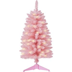 Pre-Lit Artificial Christmas Tree 3Ft, Battery Operated Desktop Xmas Tree with 50 LED 160 Branch Tips Mini Christmas Tree Decoration Indoor Outdoor (Pink)