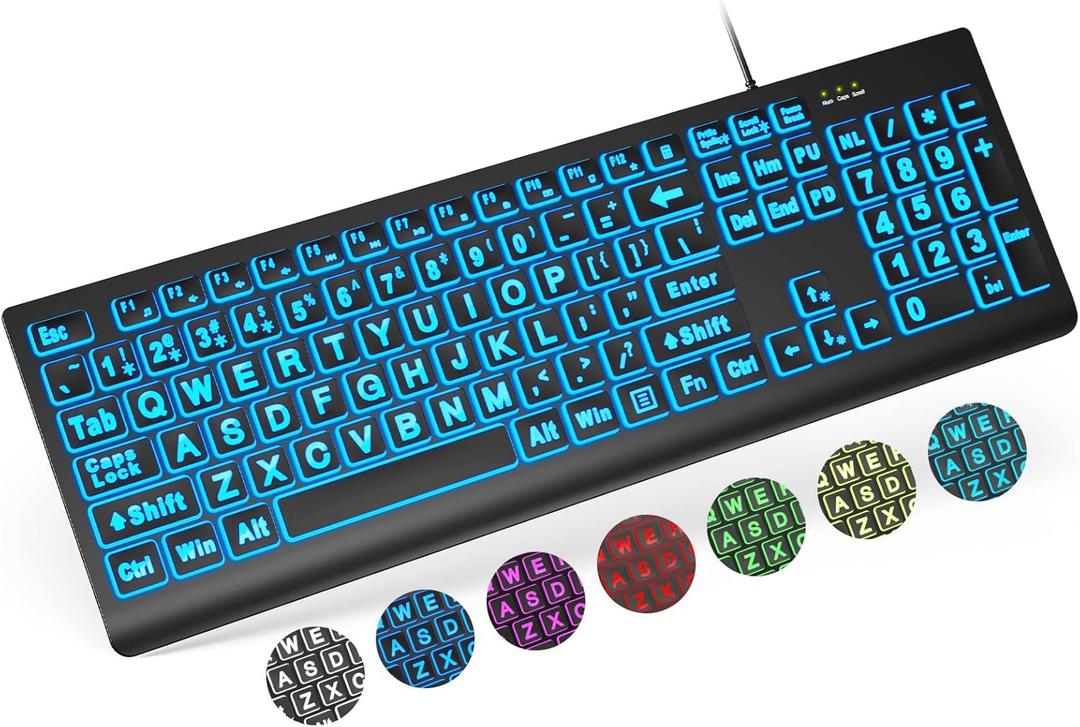 SABLUTE Large Print Backlit Keyboard, Wired USB Lighted Computer Keyboards with 7-Color & 4 Modes Backlit, Oversize Letters Keys Easy to See and Type, Quiet Keyboard Compatible for PC, Laptop (Black)