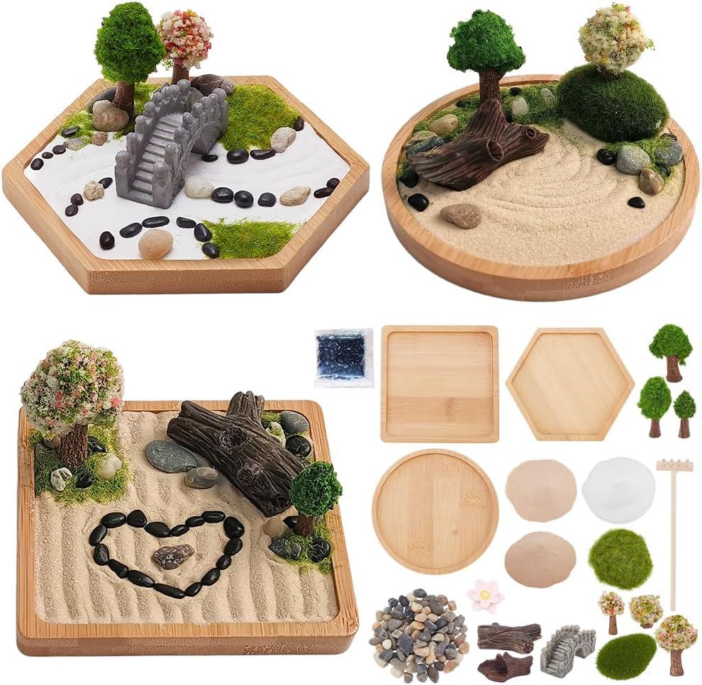 WEBEEDY 3 Sets Mini Zen Sand Garden Kit Japanese Desktop Sandbox Zen Garden Kit Cute Zen Home Office Desktop Decor Sand Craft Accessories,Litter Box Sand for Meditation and Relaxation