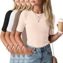 4 Pack Girls Soft Shirts | Short Sleeve, Ribbed, Slim Fit Tops, Crewneck, Cute, Casual, Basic Tee Shirts, Summer, Stretchy, Daily School Wear