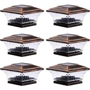 HUYIENO Solar Post Cap Lights Outdoor LED Lighting Deck Fence With Two Light Modes Warm White/Bright White Suitable for 4x4 Wooden Posts Brushed Copper 6PK