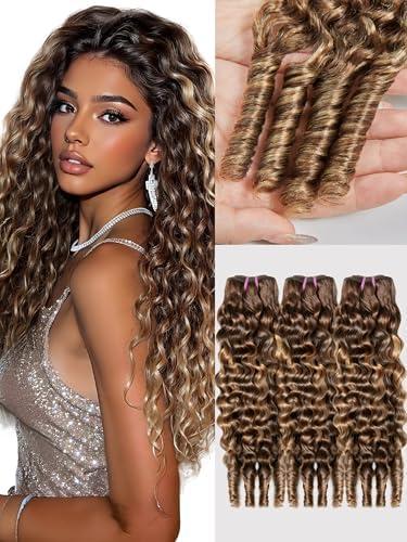 Burmese Curly Bundles Human Hair Water Wave with Spiral Human Hair Bundles 100% Unprocessed Virgin Hair Extensions 3 Bundles 18 20 22 Inch Brown Highlight Ombre Hair P4/27