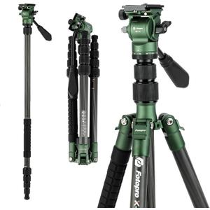 Fotopro 59" Carbon Fiber Travel Tripod, Compact Video Tripods with Fluid Head, Detachable Monopod with Arca-Swiss Quick Release Plate and Bag, Camera Tripod Load up to 8KG/17.63lbs, Green