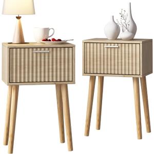 LAATOOREE Nightstands Set of 2, Small Side Table, Bedside Table with Fluted Door, Solid Wood Feet; Modern Mid-Century End Table for Bedroom, Small Space (Natural)