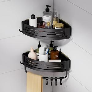Adhesive Shower Caddy,2 Pack Black Rustproof 90 Bathroom Corner Shelf,Large Capacity Wall Mount Bathroom Organizers And Storage Shelves,No Drilling Shower Gel Holder With Hooks For Home Decor