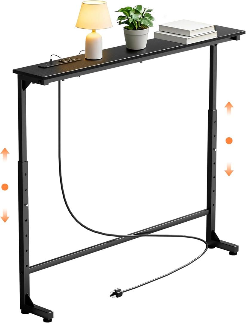 GRLEAF 35" Adjustable Height Narrow Console Table with Power Outlets, Long Sofa Table with Charging Station Behind Couch Table Skinny Entryway Table for Living Room, Hallway and Office Black