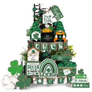 Wesiti 22 Pcs St. Patrick's Day Tiered Tray Decorations Cute Farmhouse Ireland Lucky Clover Truck Wooden Table Sign St. Patrick's Day Table Decoration for Home Decor Party Gift