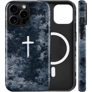 Magnetic for iPhone 15 Pro Case Christian Cross Camo Phone Case, Shockproof Slim Soft TPU and Hard PC Protective Cases Compatible with MagSafe Protective for Religious Boy Men Women, Blue