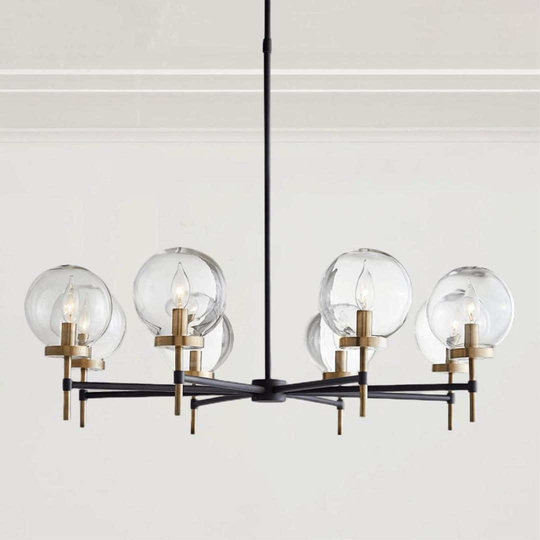 Mid-Century Modern Blown Glass Globe Chandelier, Two-Toned Metals Light Fixture for Dining Room, Sitting Room, Living Room (Small - 36" Diam.)