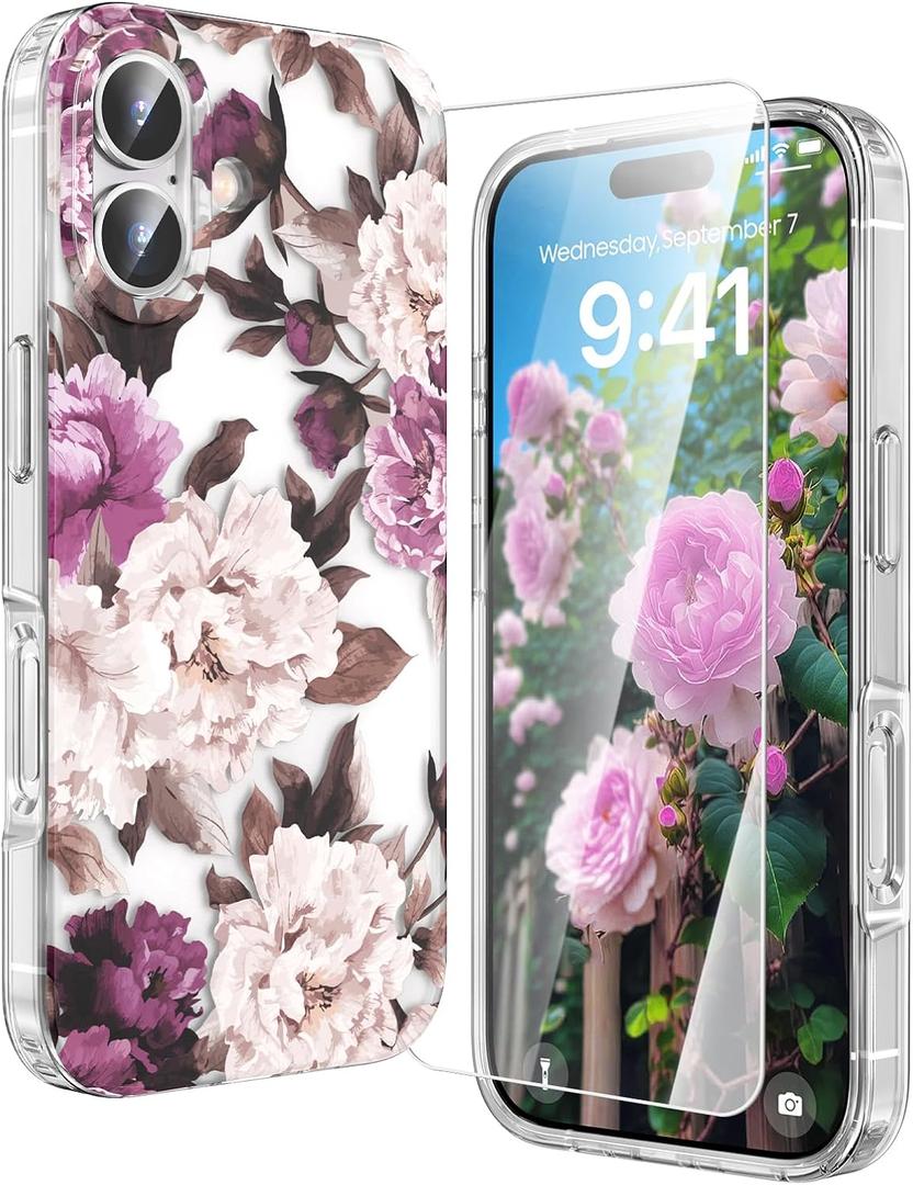 MILPROX Compatible with iPhone 17 Flowers Case 6.3 inch, Cute Pretty Floral Pattern Clear Girly Design for Women Girls, Elegant Aesthetic Classy Shockproof Hard Back Cover - Rose