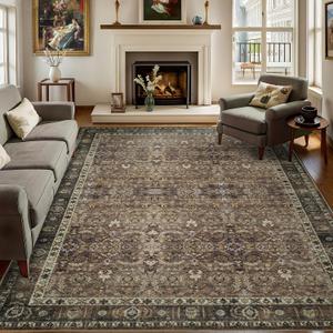 8x10 Vintage Washable Area Rug for Living Room,Low Pile Non Slip Carpet Non-Shedding Large Area Rug Soft Indoor Stain Resistant Rug Floral Print Mat for Bedroom Dining Room Brown Floral