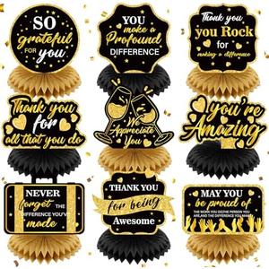 RUMIA 9Pcs We Appreciate You Decorations Black Gold Thank You Table Honeycomb Centerpieces Appreciate Table Topper Decor for Teacher Doctor Nurse Employee Staff Graduation Appreciation Party Supplies