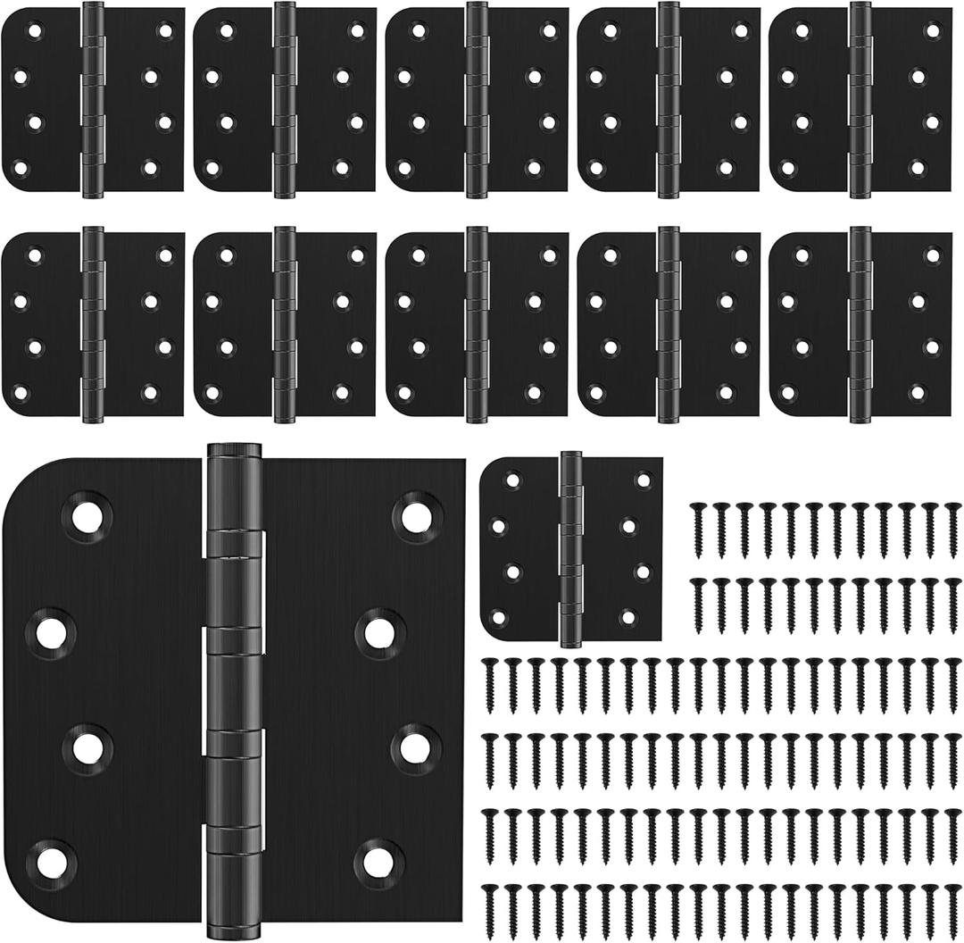 KOLET Ball Bearing Door Hinges, 4 x 4 Inches Black Door Hinges, Heavy Duty Stainless Steel Hinges, Square and 5/8'' Radius Corner, Smooth and Quiet, Non Removable Pin, Matte Black, 12 Pack
