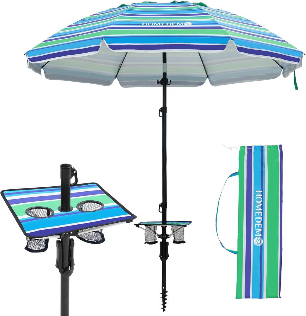 HOMEDEMO 7ft Heavy Duty High Wind Beach Umbrella With Foldable Table & Hook, UV 50+ Protection Waterproof Outdoor Sunshade Umbrellas With Handle Carry Bag For Patio Garden Pool Backyard
