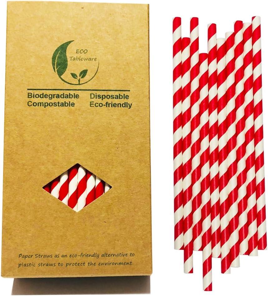 100 Red and White Paper Straws Bulk, Disposable Red Striped Drinking Straws Paper Cake Pop Sticks for Craft and Christmas Decoration (7.75inch)